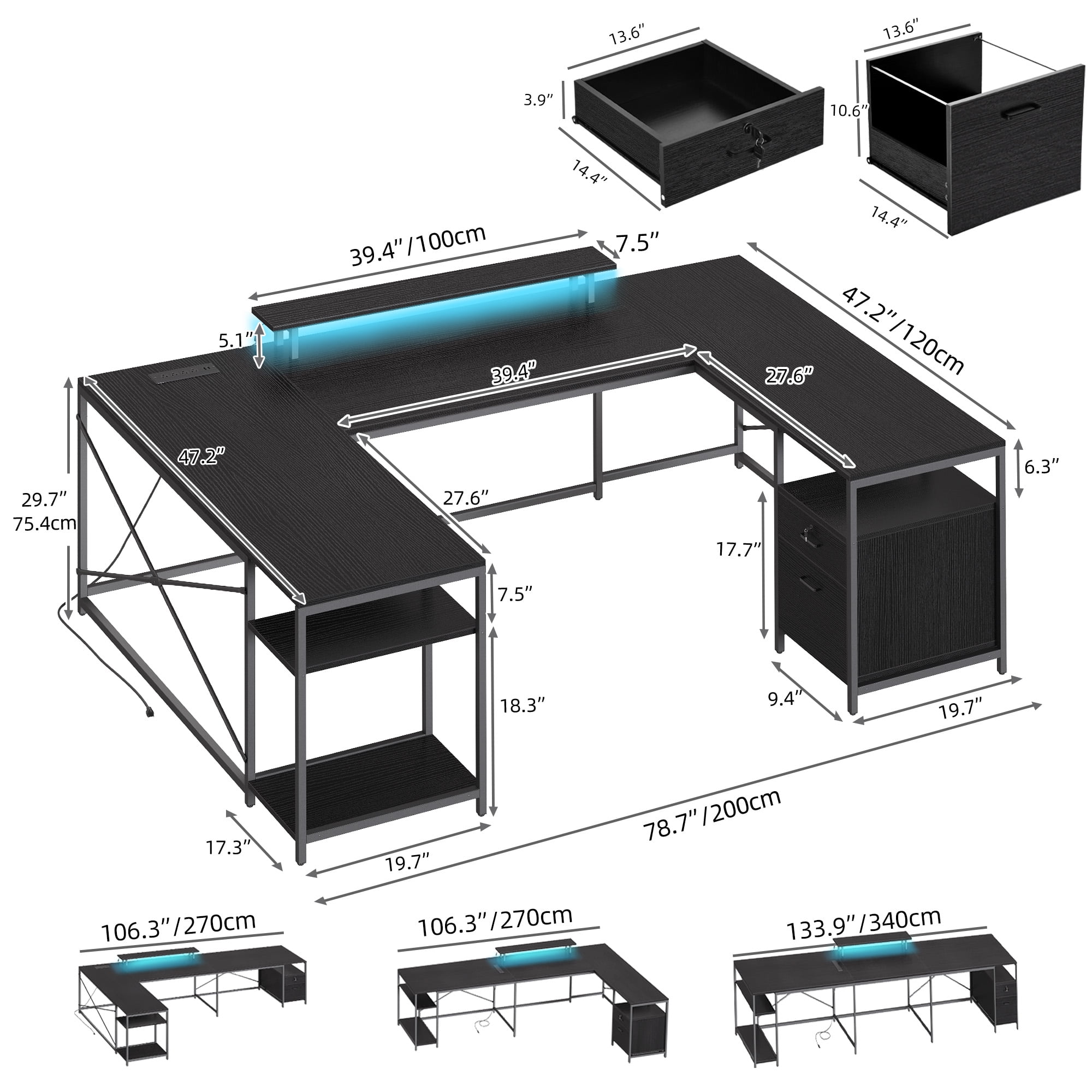 Dextrus L Shaped Desk with Power Outlets & LED Lights, Reversible Computer Desk with Drawers & Storage Shelves, Large U Shaped Desk, Black