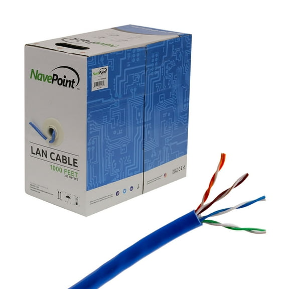 NavePoint Cat5e (CCA), 1000ft, Blue, Solid Bulk Ethernet Cable, 24AWG 4 Pair, Unshielded Twisted Pair (UTP)
