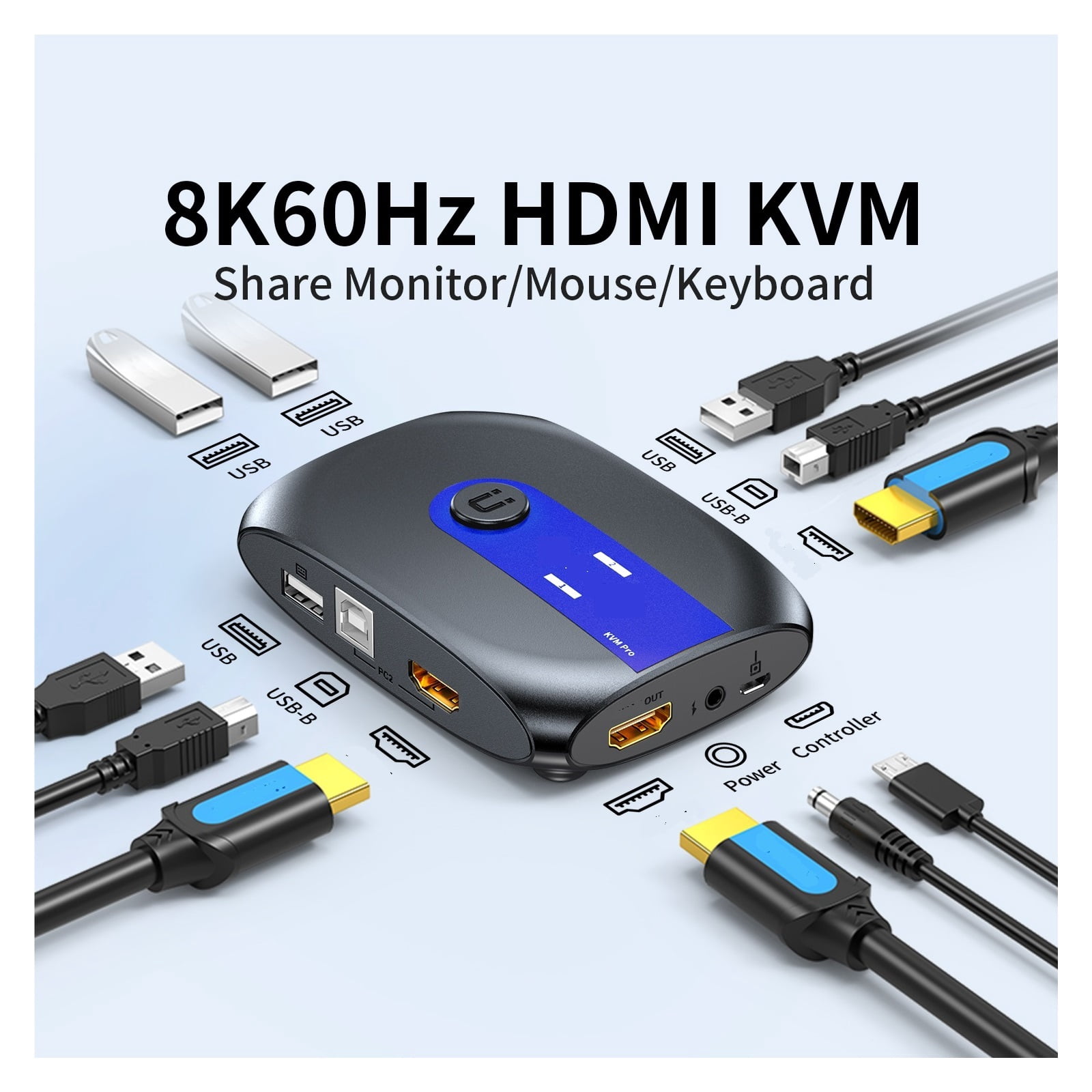 4K 60Hz KVM Switch 2 PC 1 Monitor, Ultra HD Selector with Extended Button