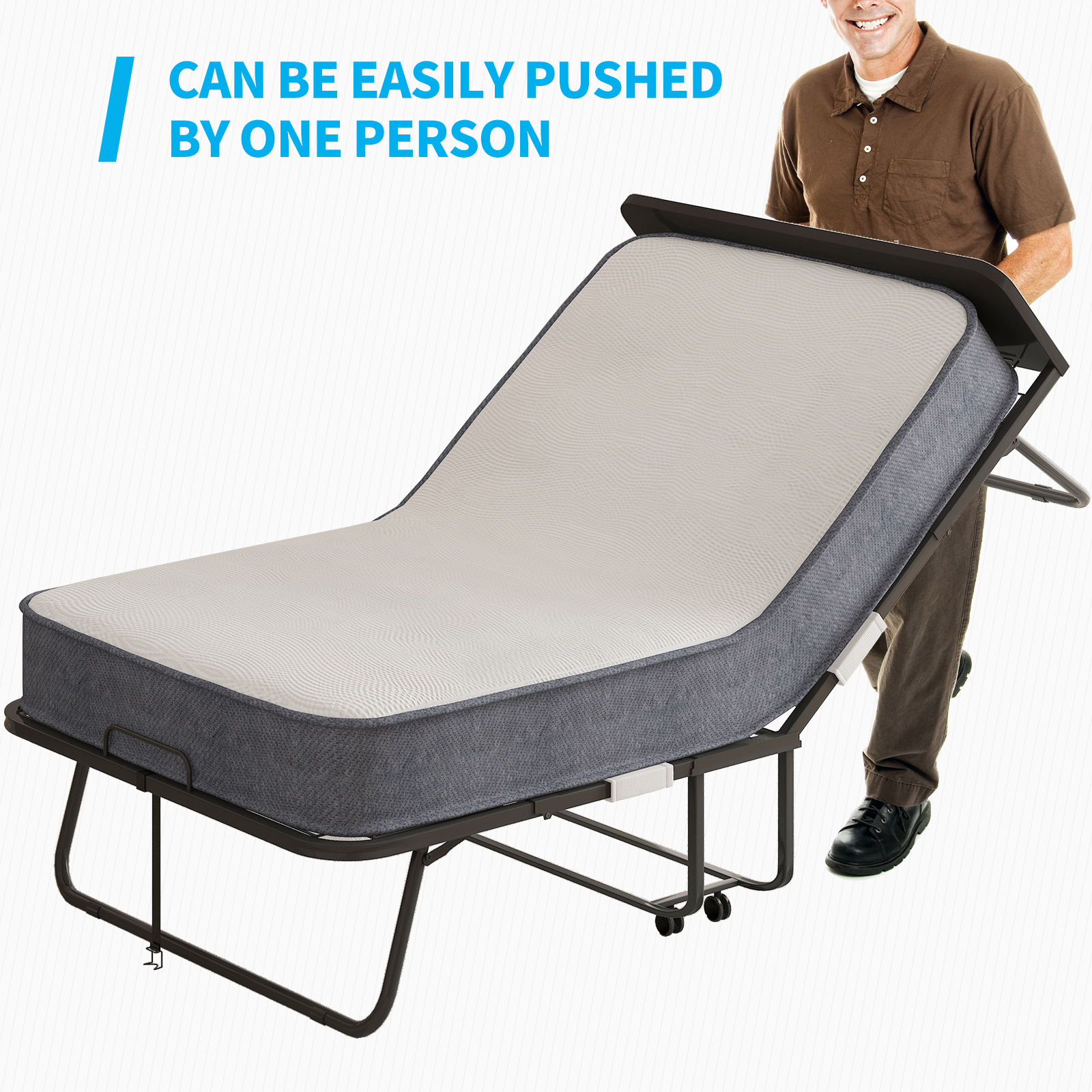 Mjkone Folding Bed with Mattress, Fold Up Bed for Small Space, Foldable Bed with Lockable Wheels