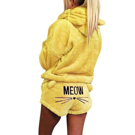 

Colisha Ladies Sleepwear Hooded Nightwear Tops And Shorts Pajamas Sets Casual Winter Warm Pocket Lounge Set Yellow 3XL