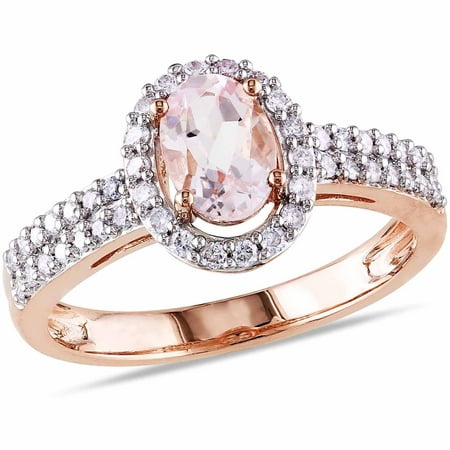 4/5 Carat T.G.W. Oval-Cut Morganite and 1/3 Carat T.W. Diamond 10kt Pink Gold Halo Ring
