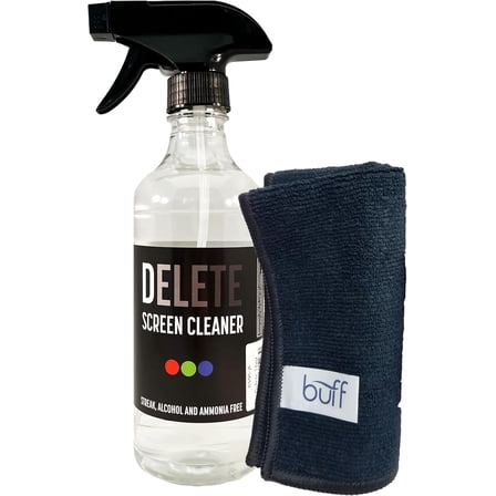 Delete Screen Cleaner Spray Kit, 16oz Bottle and 12"x12" Microfiber Cleaning Cloth, Streak-Free, Safe and Gentle Formula, Multi-Purpose for Devices, Large TVs, Computers, Monitors, Smart Phones