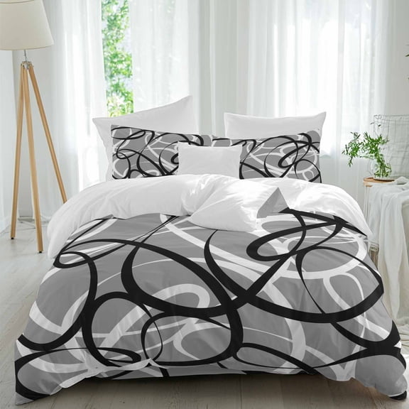 Abstract Wave Line Queen Size Comforter Set, Black White Grey Geometric Stripe Modern Bedding for All Seasons, 4 Pcs Bed Set, 1Quiltcover (90"x92") ,1Sheet(94"x116"), 2Pillowcases (30"x20")