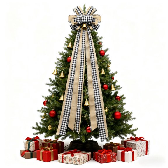 Christmas Tree Topper Bow, 40''x 12.8'' Large Buffalo Plaid Truck Wreath Bows Handmade Xmas Ornaments for Farmhouse Christmas Decoration