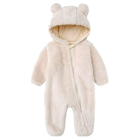 

Newborn Baby Jumpsuit Hooded Fleece Rompers Long Sleeve Onesies Outwear Outfits（Beige white）