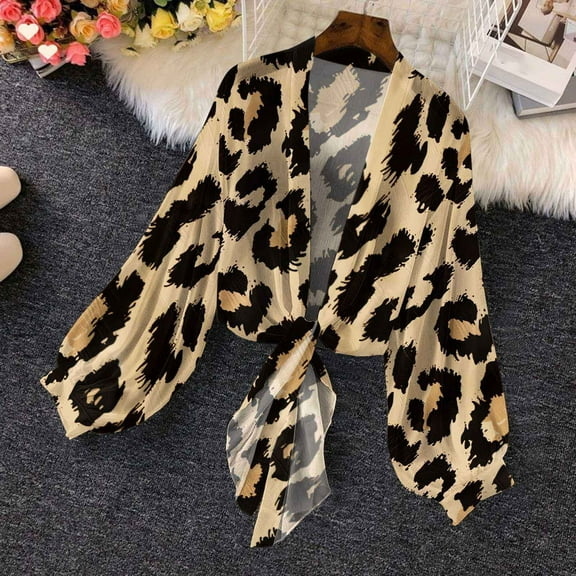 Odbmxy Lightweight Women's Cardigans Summer Long Sleeve Womens Shirts Casual Loose Leopard Print Beach Puff Sleeve Cardigans,S