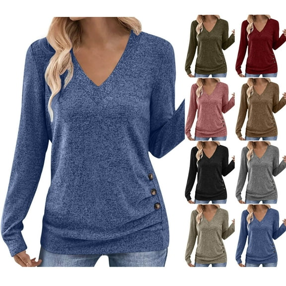 Horkkom V Neck Long Sleeve Shirts for Women Casual Fall Tops Solid Color Button Long Sleeve Tops L, Gifts for Women