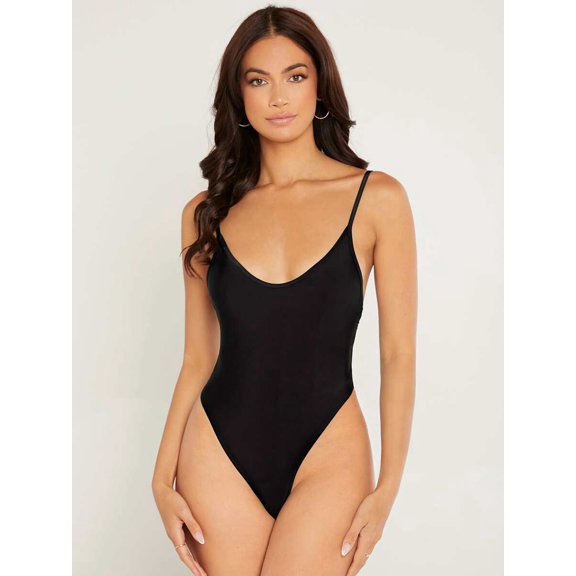 Black Spaghetti Strap V-Neck Bodysuit For Women