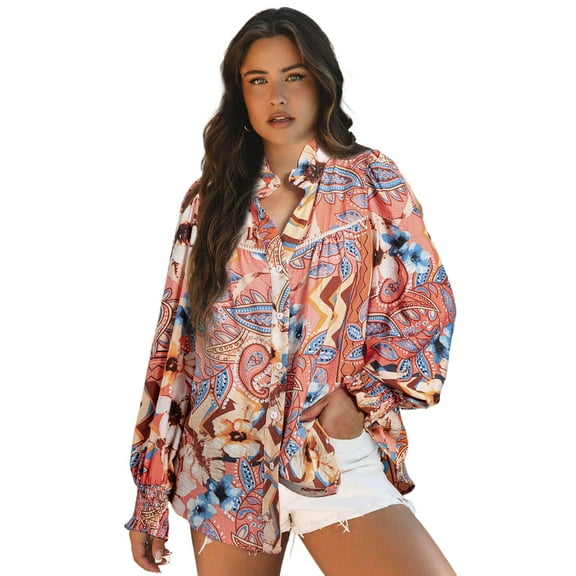 Women's Orange Floral Print Shirred Cuff Buttoned Loose Shirt - Chic Bohemian Style - [ZhiHiMeRi] | (US 16-18)XL