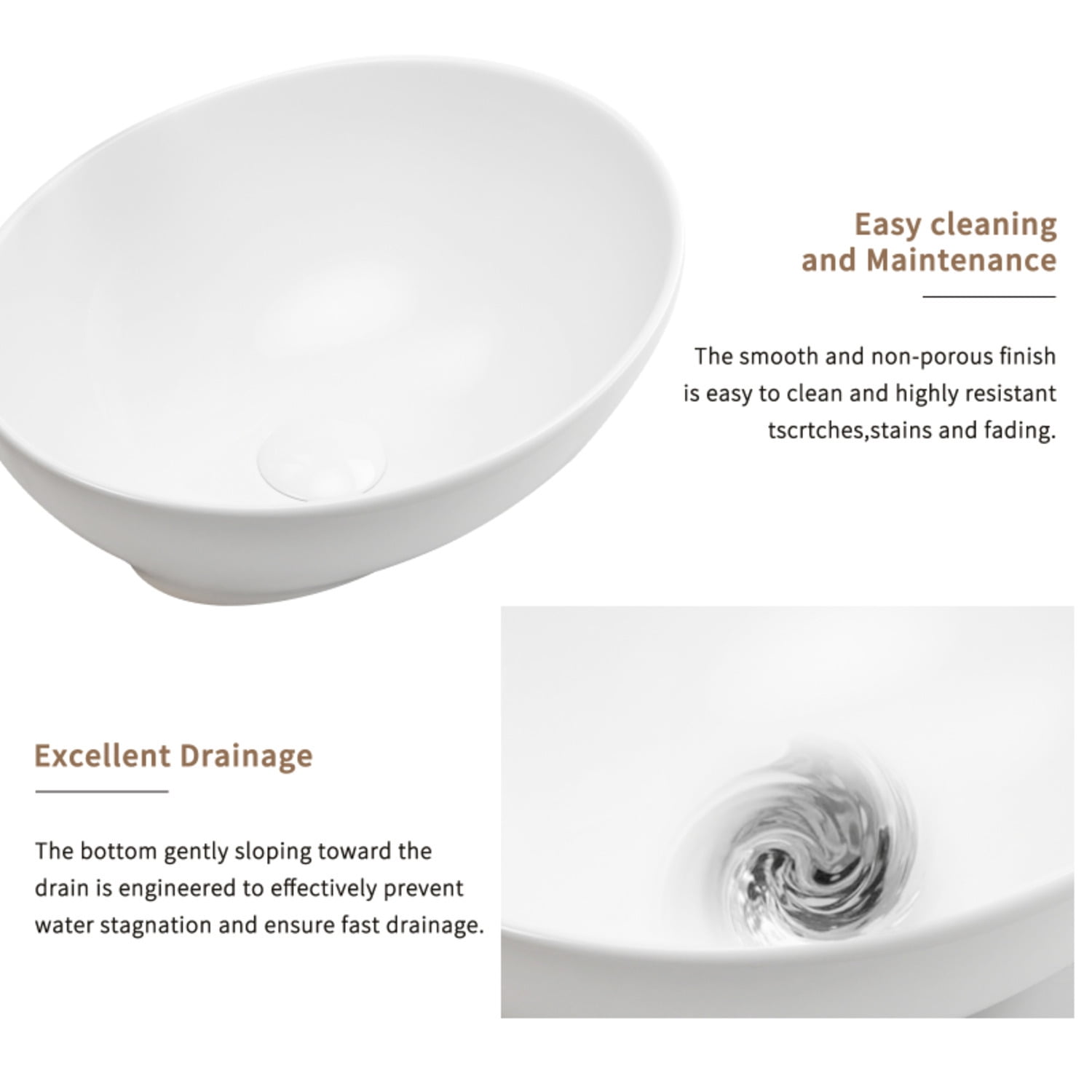 Oval Vessel Sink 16" x 13" Countertop Bathroom Sinks Modern Egg Shape Above Counter White Ceramic Small Sink Vessel Sinks for Bathrooms