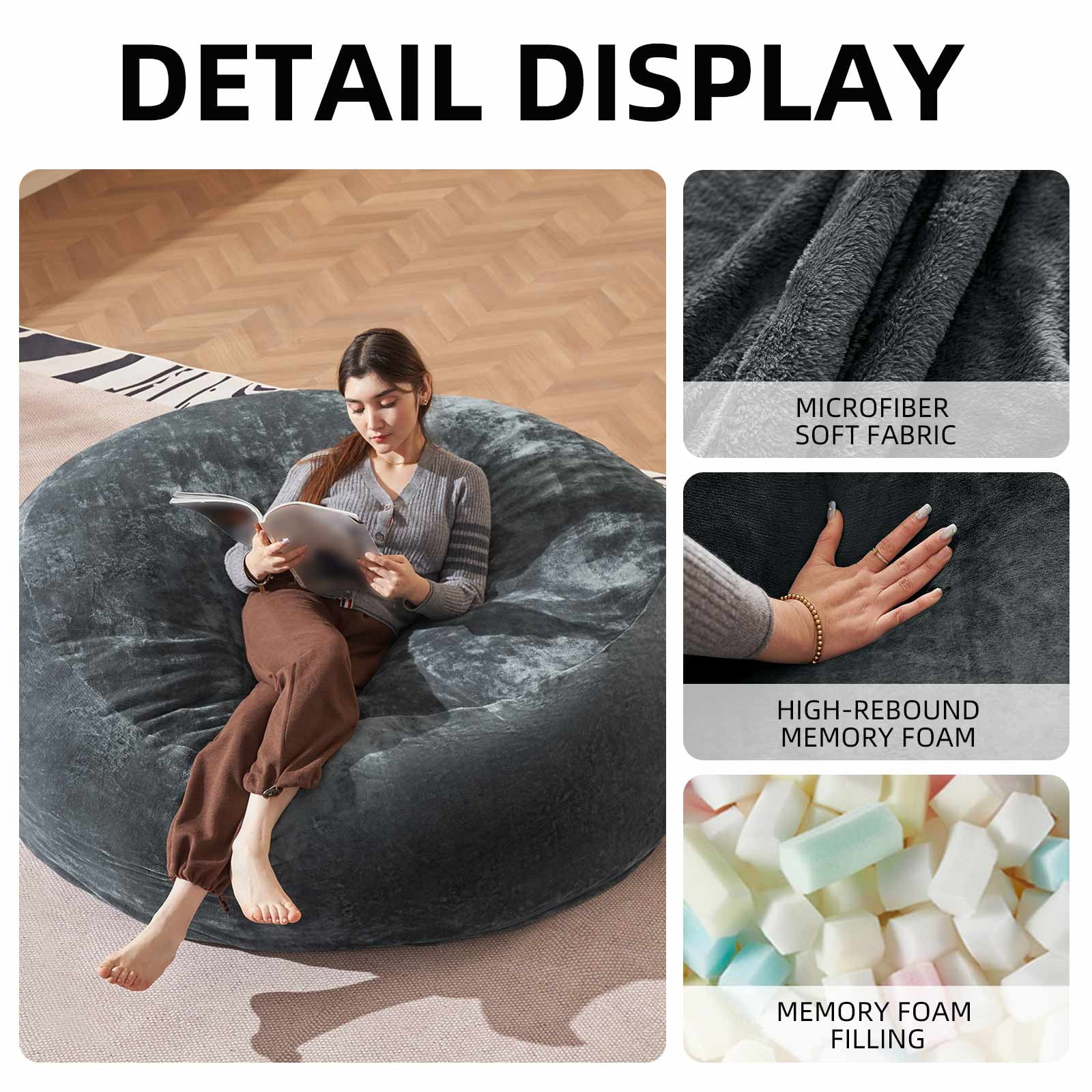 Bean Bag Chair 6FT,  Large Memory Foam Filled Chair for Adults and Teens, Soft Sofa with Removable Flannel Cover, Round Couch for Living Room Bedroom College Dorm