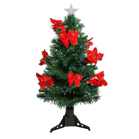 Northlight  3' Prelit Artificial Christmas Tree Fiber Optic with Red Poinsettias - Multi Lights