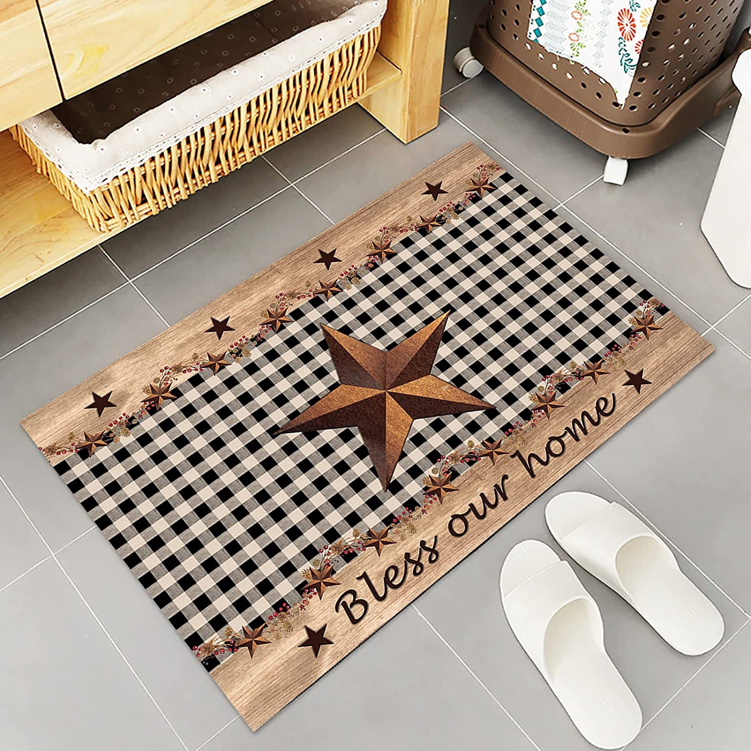 2 Piece Kitchen Rug Set, Farmhouse Black Plaid Non-Slip Floor Mats Absorb Standing Doormat, Vintage Country Star Soft Anti Fatigue Runner Rugs Carpet Sets (18x30+18x48 inch)