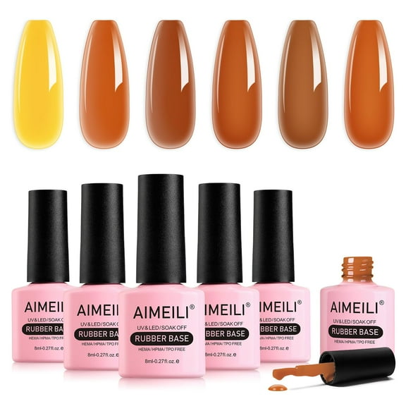 AIMEILI 5 in 1 Rubber Base Gel Set For Nails, Sheer Pink Nude Color Gel Nail Polish UV LED Soak Off, Elastic Nail Strengthener Long Lasting 6pcs X 8ml - Gift Kit 53