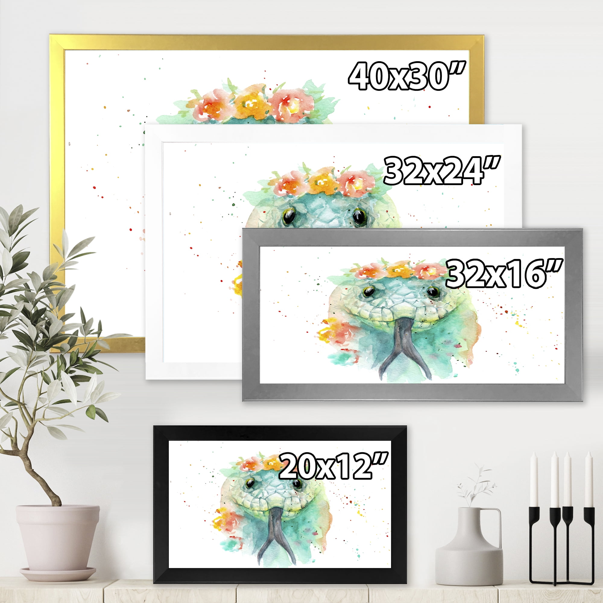 Designart 'Portrait A Green Snake In Flowers' Farmhouse Framed Art Print