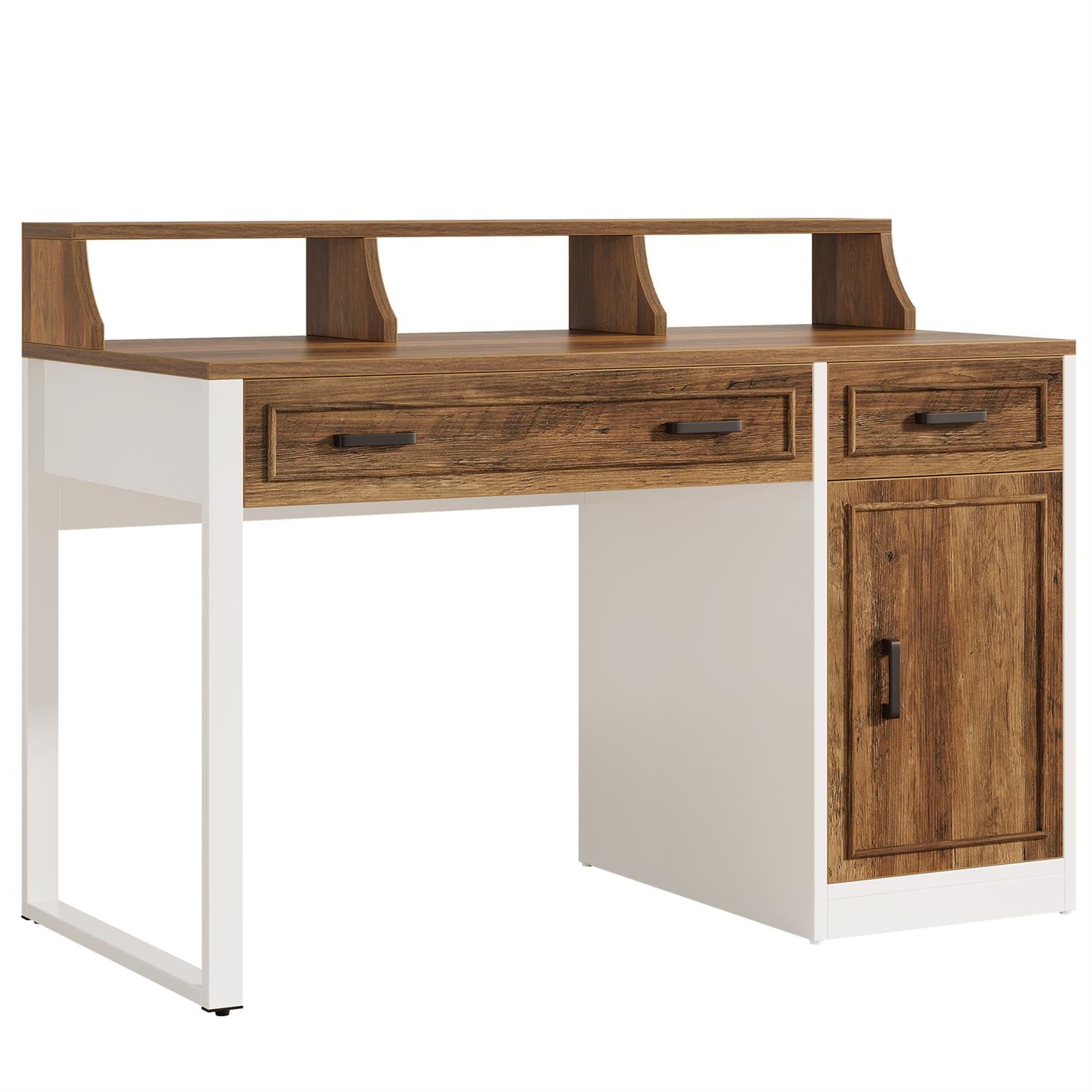 Demi Bonn 47" Executive Desk with Matching Hutch, Home Wooden Office Desk Furniture, Space-Saving Workstation, Brown