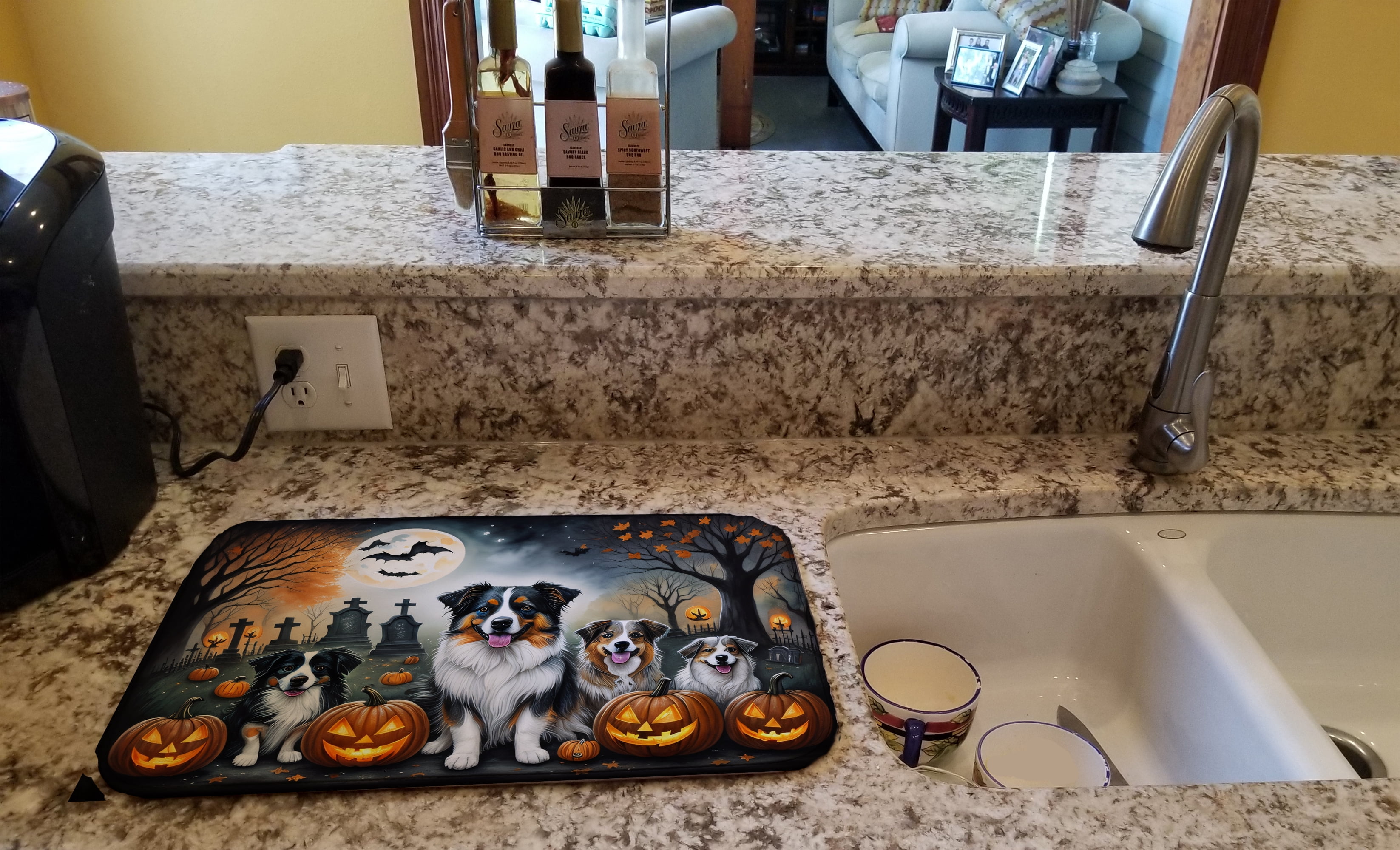 Australian Shepherd Spooky Halloween Dish Drying Mat 14 in x 21 in