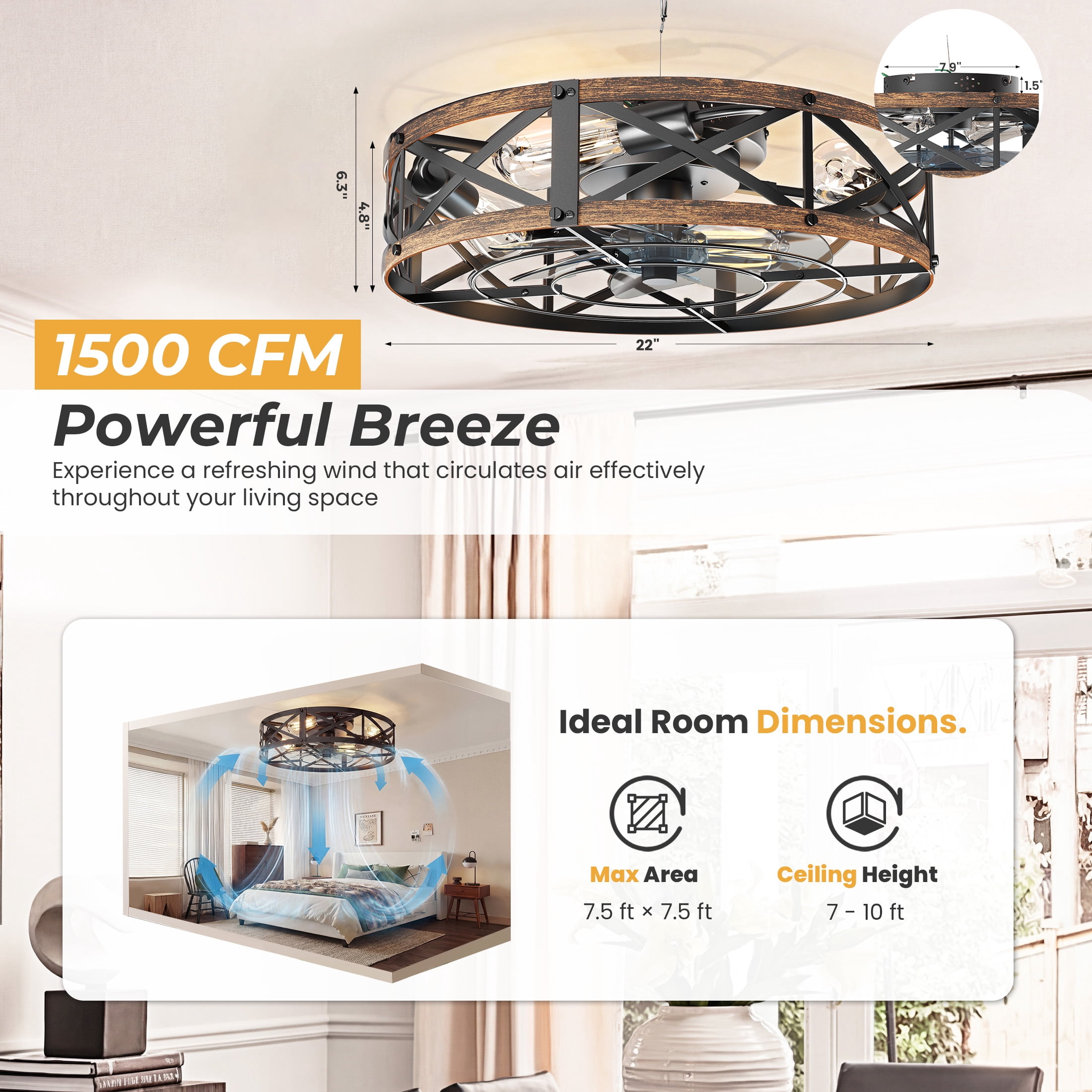 edx 22" Farmhouse Flush Mount Ceiling Fan with Light & Remote, Reversible Blades, Bladeless Safety Cage, 6 Speeds, 8H Timer, Rustic Low Profile Ceiling Fan for Bedroom Kitchen Living Room, Gold