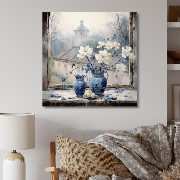 Designart "Antique Floral Window Charm in White and Blue" Farm Wall Art - Country White Farm Windows Hallway Wall Art Decor