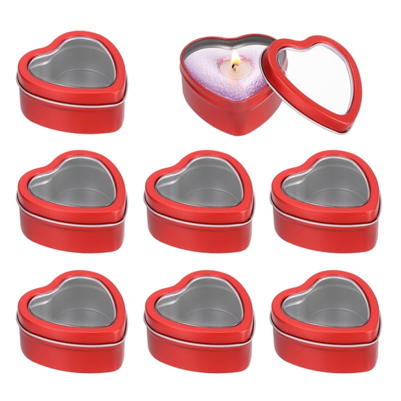 Heart Shaped Candle Tins with Clear Window Lids, 2 oz Empty Metal Tin Cans for Candle Making Candies Gifts DIY Crafts, Red, Pack of 8