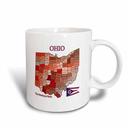 Colored Ceramic - 3dRose Map, flag and nickname of Ohio with all counties colored and labeled - Ceramic Mug, 11-ounce