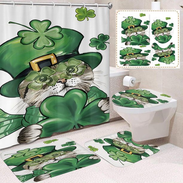 Juego de 4 cortinas de ducha estampadas, cortinas divisorias para baño, cortinas de ducha, fundas de inodoro antideslizantes y alfombrillas moldeadas, alfombrillas de ducha, alfombrillas para bañera y