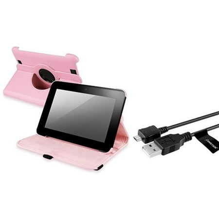 Insten Pink 360 Swivel Leather Case+USB Charger Cable For Kindle Fire HD 7 (2012 version) (Auto Sleep/Wake)