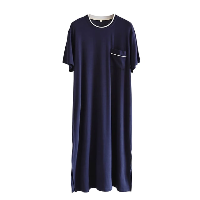 Short Sleeved Nightgown for Men, Loose Straight Tube Fit, Mid-Length Home Wear, Breathable Polyester, Solid Color, Round Neck