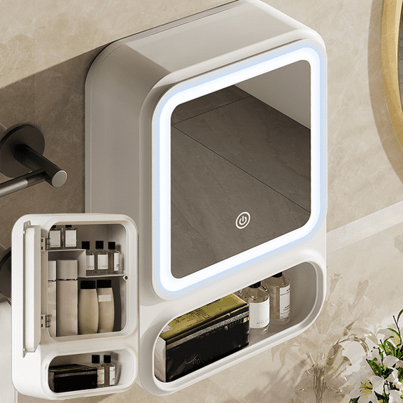 DICEEVIL Bathroom Mirror Cabinet, Wall Mounted LED Storage Mirror Cabinet with 3 Colors Lighted and Multilevel Storage Compartments, 16.5 x 11inch (White)