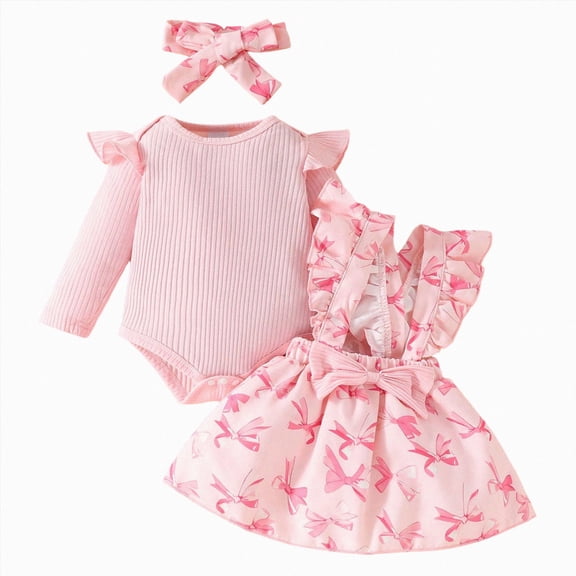 UAYOTSE Baby Girls Fall Outfit Bow Print Ruffle Romper Suspender Tutu Skirt Headband 3PCS Infant Toddler Christmas Dresses,Sizes 0-3 Months