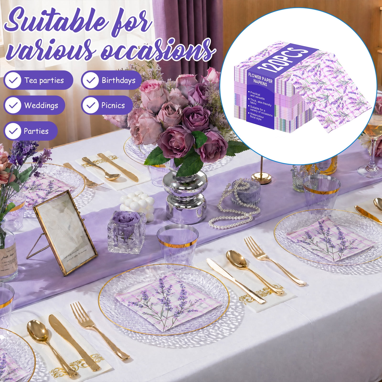 Atopoler 120 Pcs Floral Decoupage Napkins,Decorative Floral Paper Napkin,Flower Hand Towels for Celebrations Tea Party Dinner Wedding,Purple Color