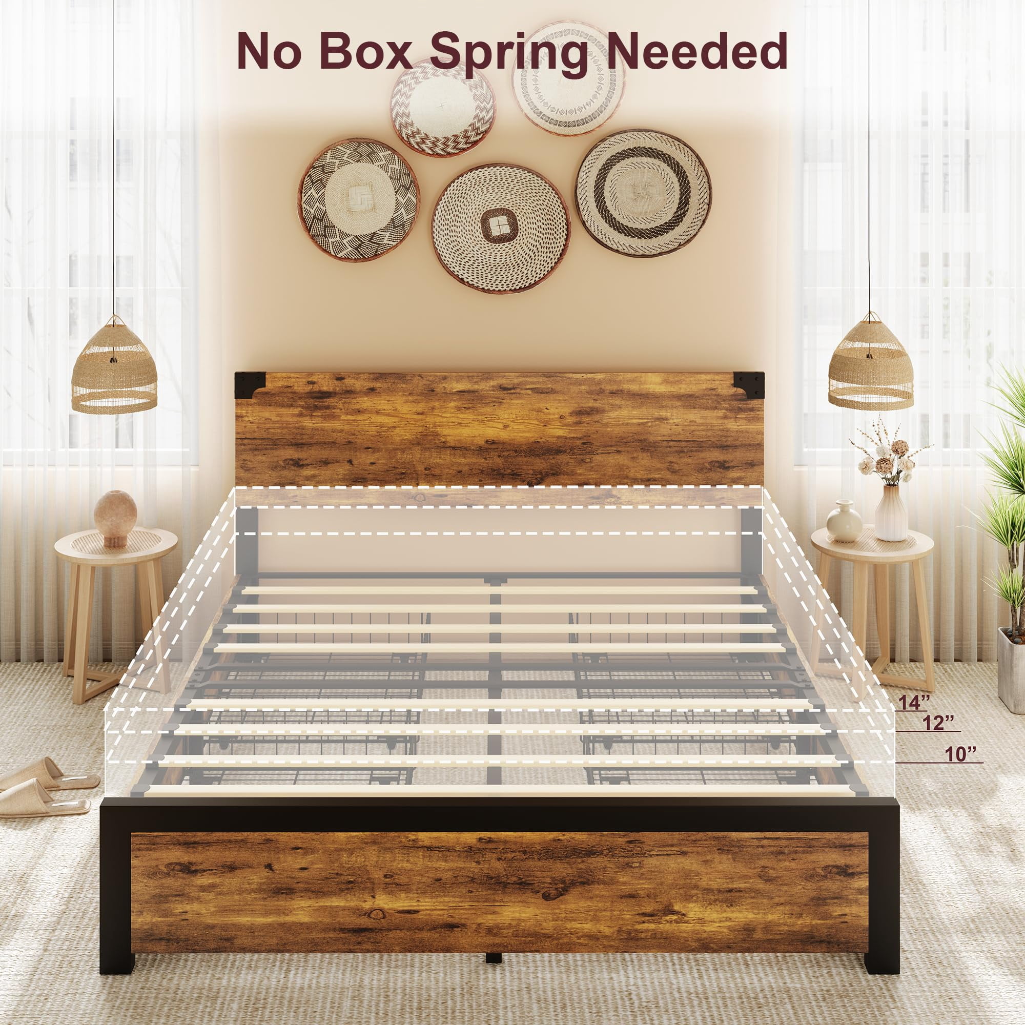 Queen Size Bed Frame with Wood Headboard, King Platform Bed Frame with Under Bed Storage and Metal Legs, Noise Free, No Box Spring Needed, Easy Assembly-Rustic Brown