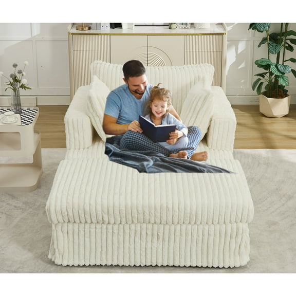 CKEASEAN 47.7'' Oversized Corduroy Chaise Lounge Chair indoor with Ottoman, Deep Seat Recliner Sofa, Soft Upholstered Reading Armchair with Pillows, Comfy Sleeper Chair for Living Room, Office