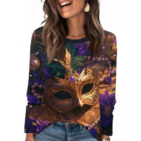 Fgvctg Mardi Gras Womens Tops Dressy Casual Long Sleeve Crewneck Top Comfortable Carnival Party Pullover Shirts Plus Size Mask Graphic Celebration Blouse Gold 4XL