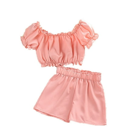 

HIBRO Girl s 2Pc Sets Ruffle Short Sleeve And Shorts Set Summer Pink Outfits T Shirt Toddler Girl Girl Clothes Fall