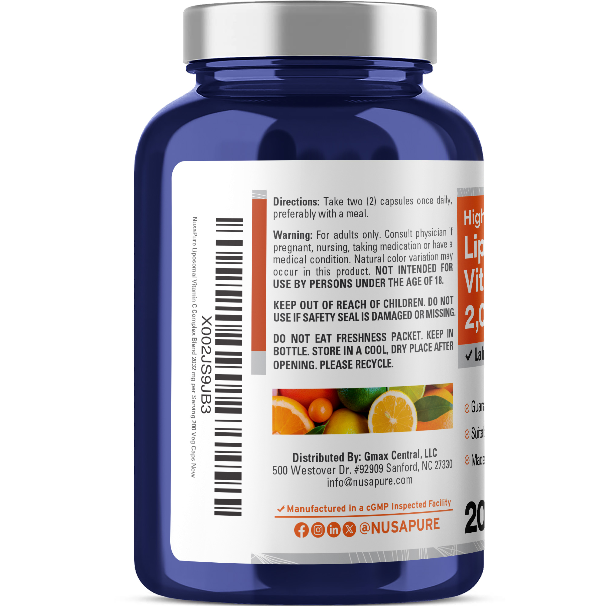 NusaPure Liposomal Vitamin C 2032mg - 200 Veggie Capsules with BioPerine, Dietary Supplement for Unisex Adult Health & Wellness