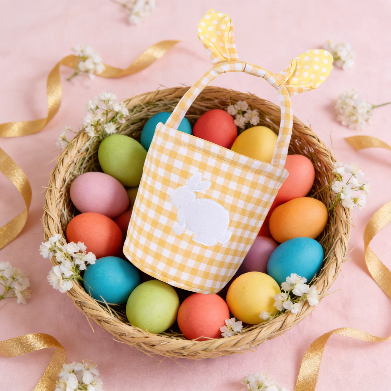 Easter Bunny Ears Basket Plaid Easter Egg Candy Gift Storage Handbag for Home Party Decoration Cute Pastel Spring Holiday Decor