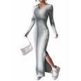 thumbnail image 2 of Women'S Casual Long Sleeve Collar V Neck Maxi Sweater Dress Slit Thigh Ribbed Knit Bodycon Pencil Dresses Gray L, 2 of 9