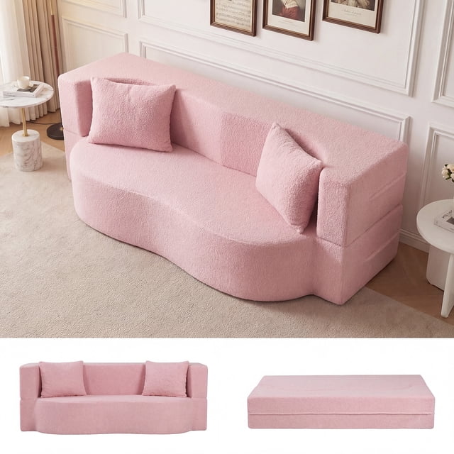 Gymax 75.5'' Folding Sofa Bed w/2 Comfortable Pillows No Assembly Needed for Guest Room Pink