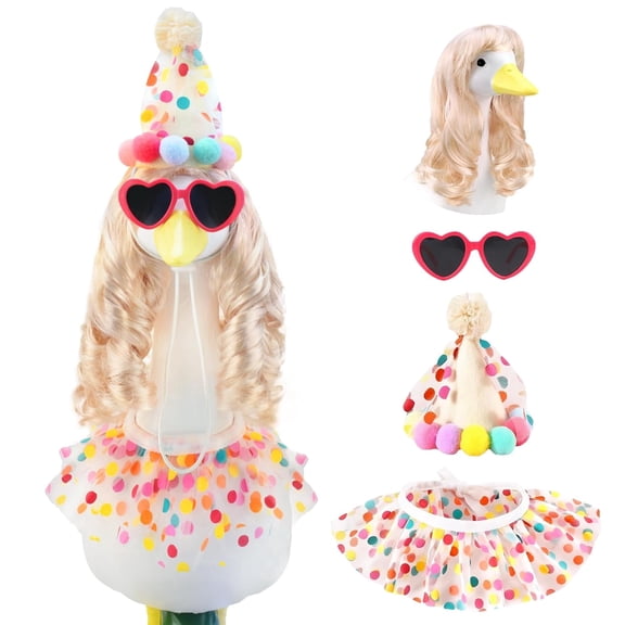 1 Pack Birthday Porch Goose Outfit with Long Blonde Wig, Heart Sunglasses, Polka Dot Party Hat, Collar Scarf for Outdoor Lawn Geese Statue Decor