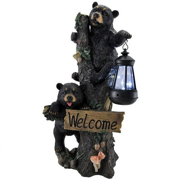 DWK Twin Bears Climbing a Tree Outdoor 18" Porch Sign and Solar LED Light Lamp Outdoor Home Garden Decor Bear Statues