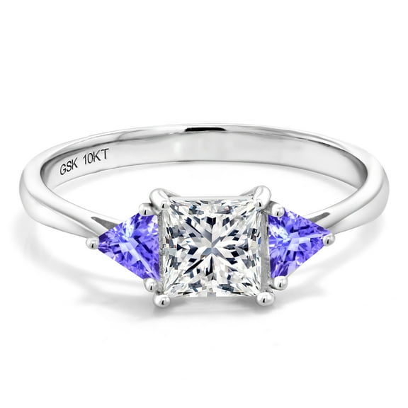 Gem Stone King 10K White Gold 5MM Princess Lab Grown Diamond and 3.5MM Trillion Blue Tanzanite 3-Stone Engagement Ring for Women | 1.06 Cttw | DEF Color | VVS-VS Clarity (Size 6)