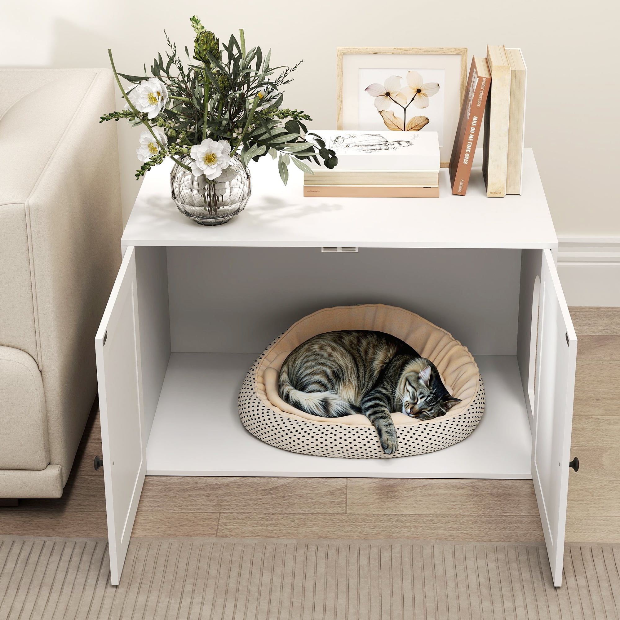 PawHut Cat Litter Box Enclosure, Hidden Litter Box Furniture with Barn Door, Cat Hole, End Side Table, 31.5" x 21" x 20", White
