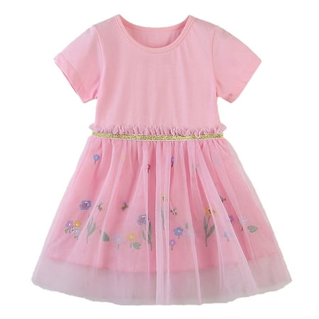 

Dresses For Girls Kids Baby Short Sleeve Ruffles Tulle Floral Prints Princess Dress Clothes