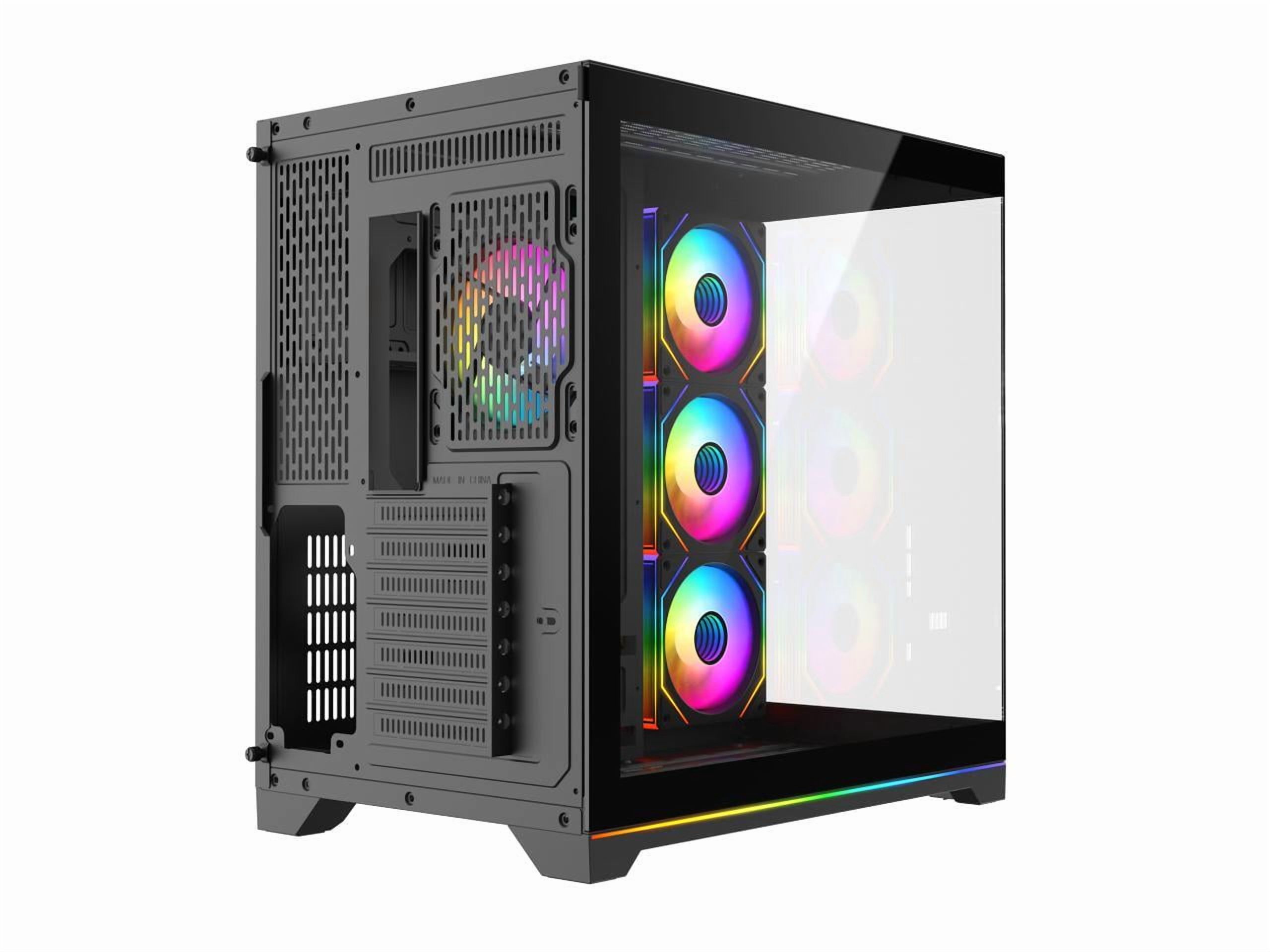 DIYPC ARGB-DC200-BK Black Dual USB3.0 Tempered Glass ATX Gaming Computer Case w/ 4 x ARGB PWM Fans (Pre-Installed) and ARGB Light Strip at Bottom.