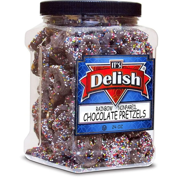 Rainbow Nonpareils Dark Chocolate Covered Pretzels by It's Delish, 1.5 Lbs Jumbo Container  Sweet & Salty Mini Pretzel Bite Size Pretzels Non Pareil Coated  Dairy-Free, Certified Kosher Parve