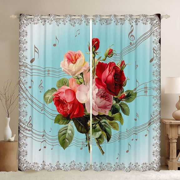 Castle Fairy Romantic Floral Rose Black Out Curtains for Teenagers,Musical Note Melody Curtains Pack of 2 (42x63 Each),Retro Vintage Aesthetic Bedroom Curtains,Luxury Bedroom Decor