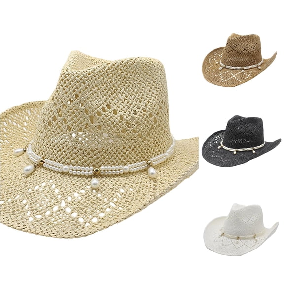 XIAOCHA Women's Sparkly Cowboy Hat Shapeable Brim Rodeo Beach Sun Hat,Beige
