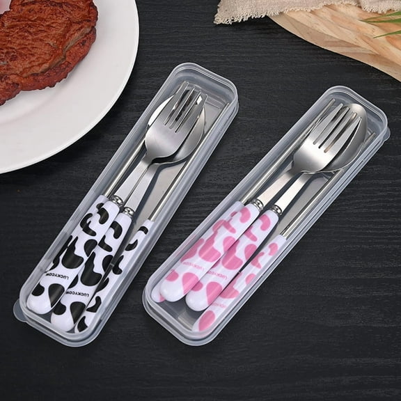 6 pack Cute Colorful Silverware Set, Milk Cow Series Handle Dinnerware Set Flatware Kitchen Accessories Camping Travel Sets Fork Spoon Chopstick Portable Silverware Set